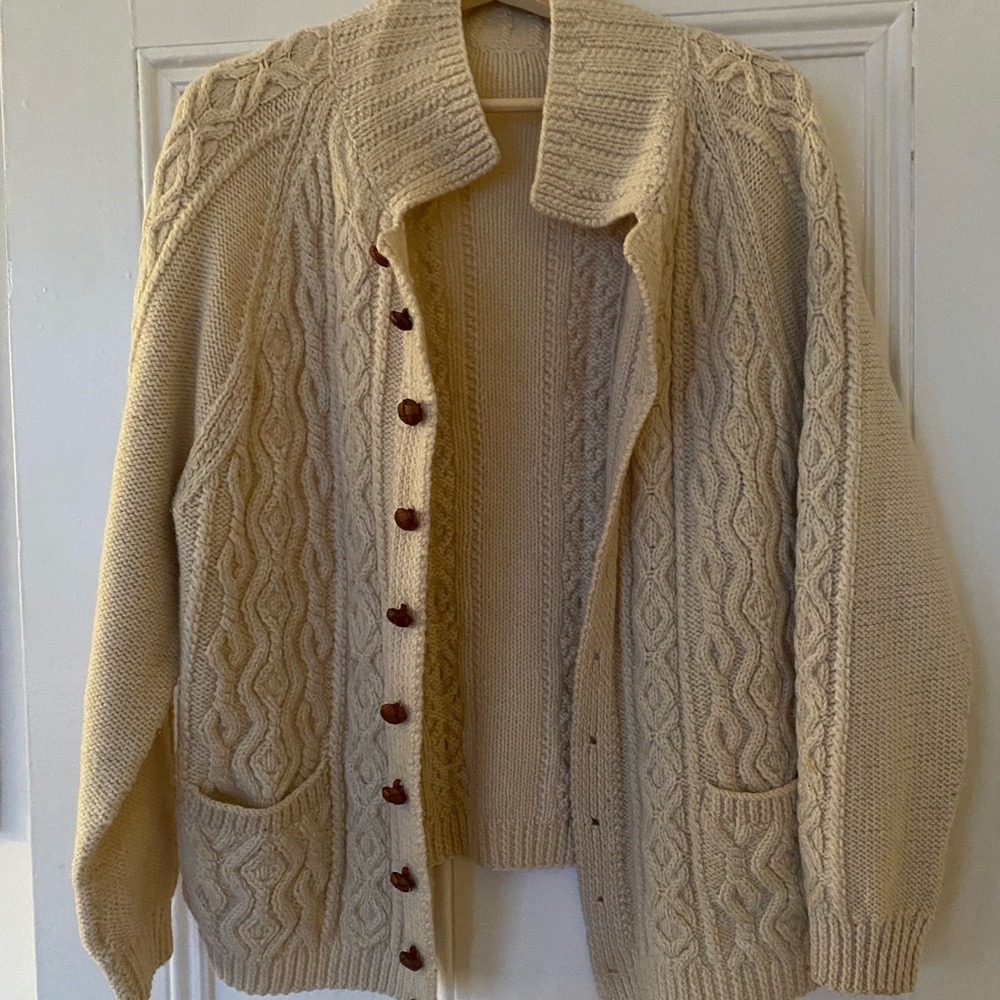 Traditional knit 100% wool Irish fisherman sweater jacket sz medium-large